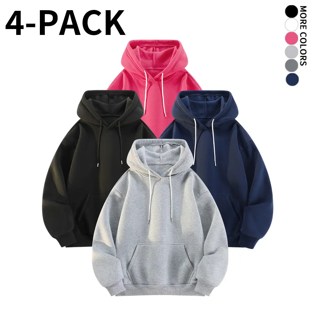 4-Pack Men Solid Color Pullover Hoodies Adjustable Drawstring Kangaroo Pocket Loose Fit Long Sleeve Sweatshirts Soft Comfort Basic Hooded Tops Casual Streetwear For Daily Travel Outdoor Workout