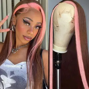 OQ HAIR Straight Brown Hair With Light Pink Skunk Stripe Color Pre-plucked Natural Hairline 13x4 Lace Front Wig Human Hair OQ HAIR Straight Brown Hair With Light Pink Skunk Stripe Color Pre-plucked Natural Hairline 13x4 Lace Front Wig Human Hair