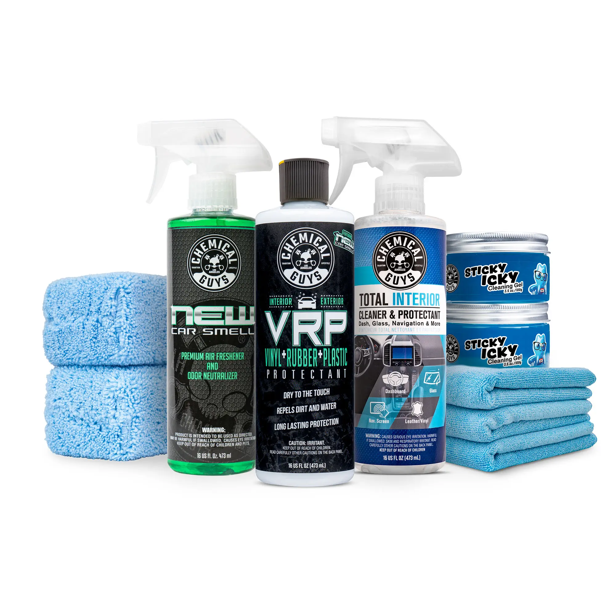 CHEMICAL GUYS Clean Interior Starter Kit – All-in-One Interior Detailing Set with Total Interior Cleaner, Sticky Icky Cleaning Gel, VRP Protectant, New Car Smell Air Freshener, Microfiber Towels & Applicators for a Spotless, Fresh Cabin, Detailing Product