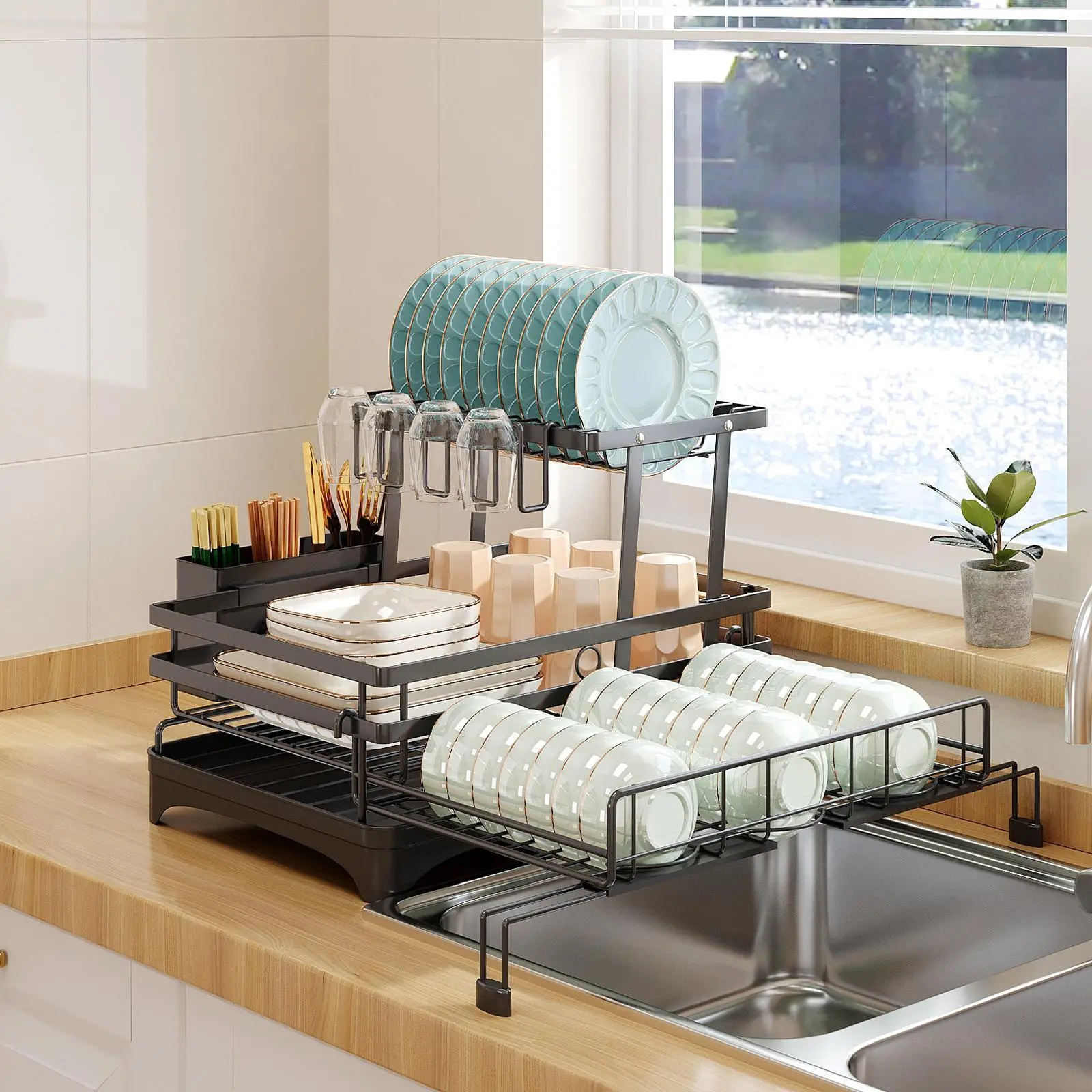 Metal Expandable 2-Tier Dish Drying Rack with Removable Shelf & Adjustable Utensil Holder - Kitchen Countertop, Sink Home Organizer Storage, Kitchen Drying