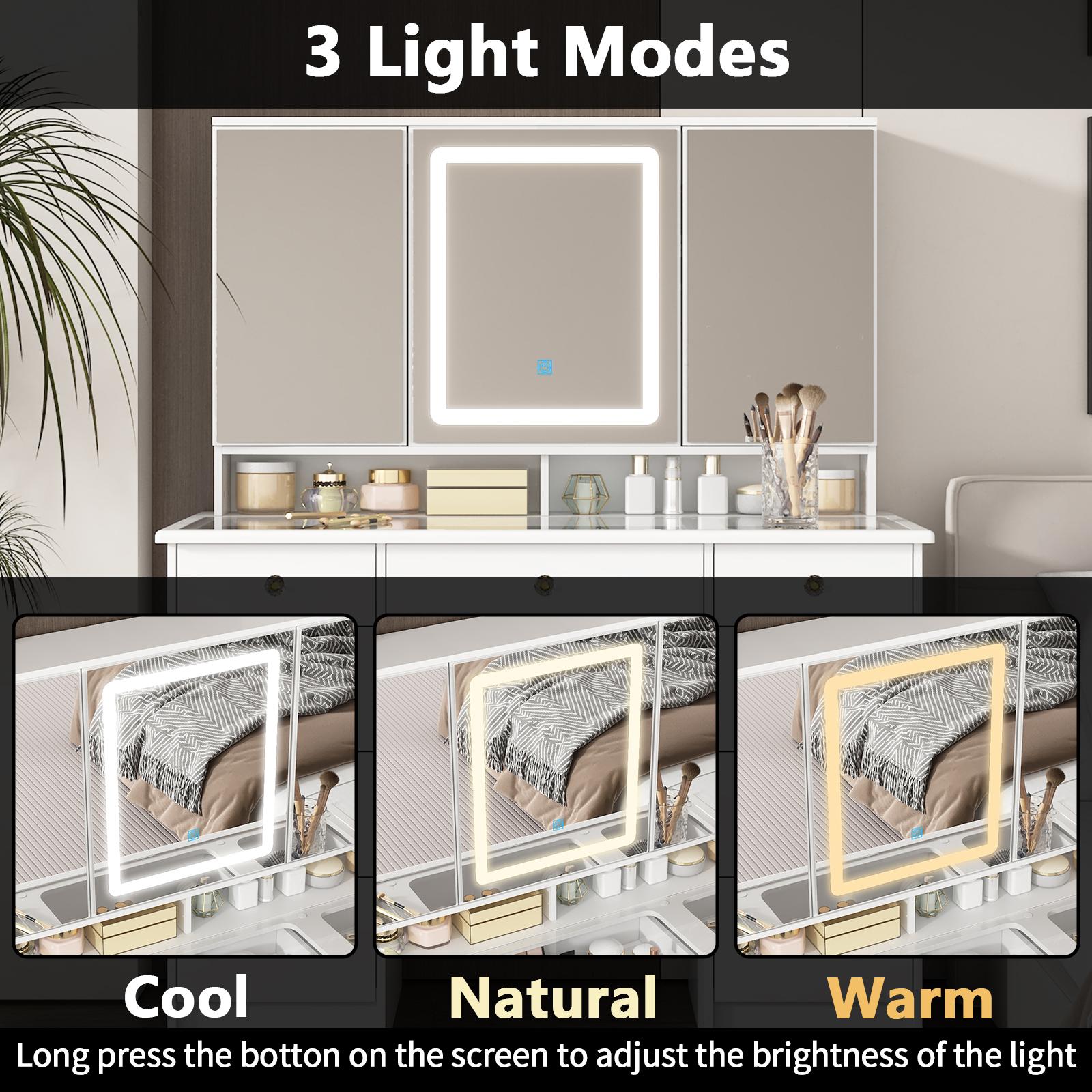 FUFU&GAGA Large Makeup Vanity Desk with Glass Desktop, Large Vanity Desk with Mirror and Lights, Crystal Handles, 43.3” Desktop, Cushion Stool not Included Organizer Storage