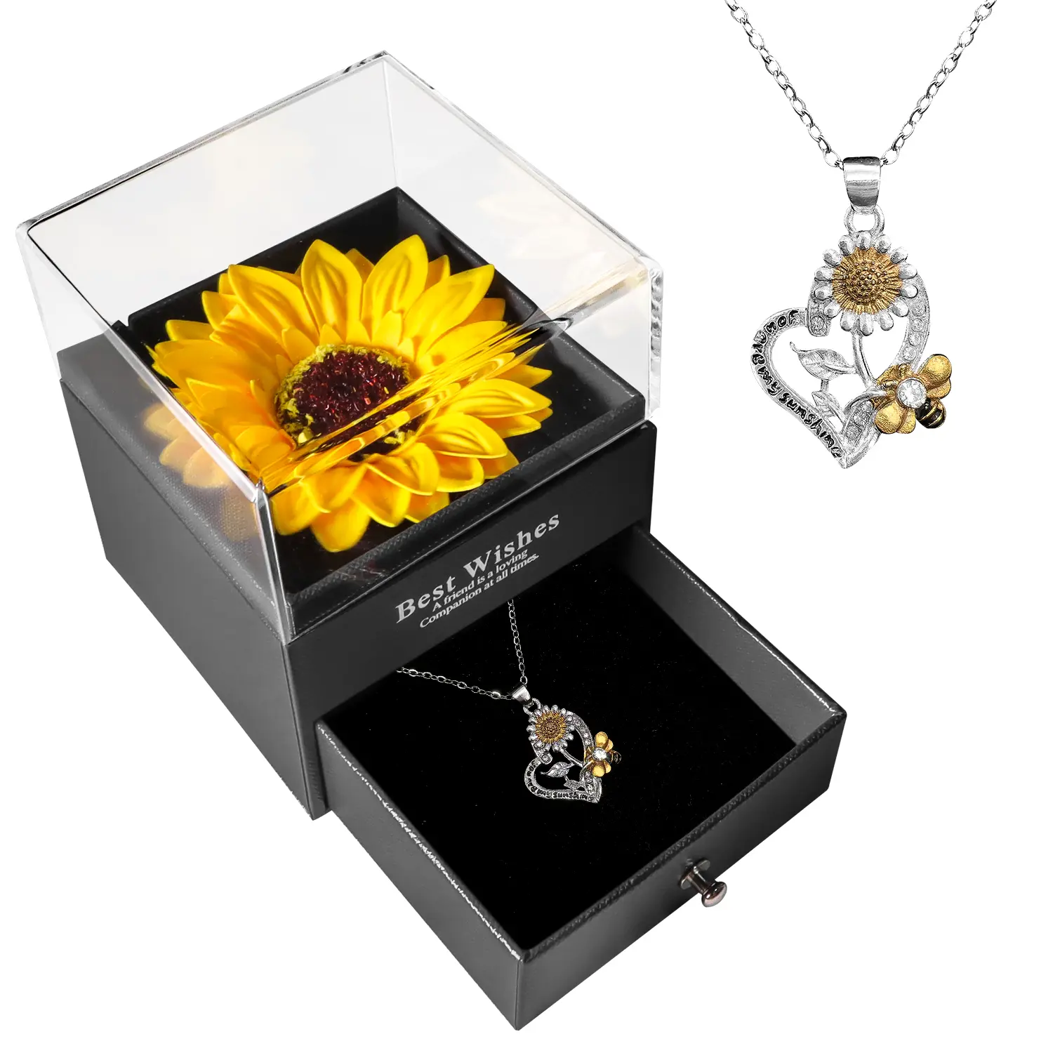 Female Plastic Sunflower Pendant Jewellery Box Set with Artificial Floral Decor, Gift Bag - Necklace for Mama, Ideal for Mother's Day, Birthday, Anniversary