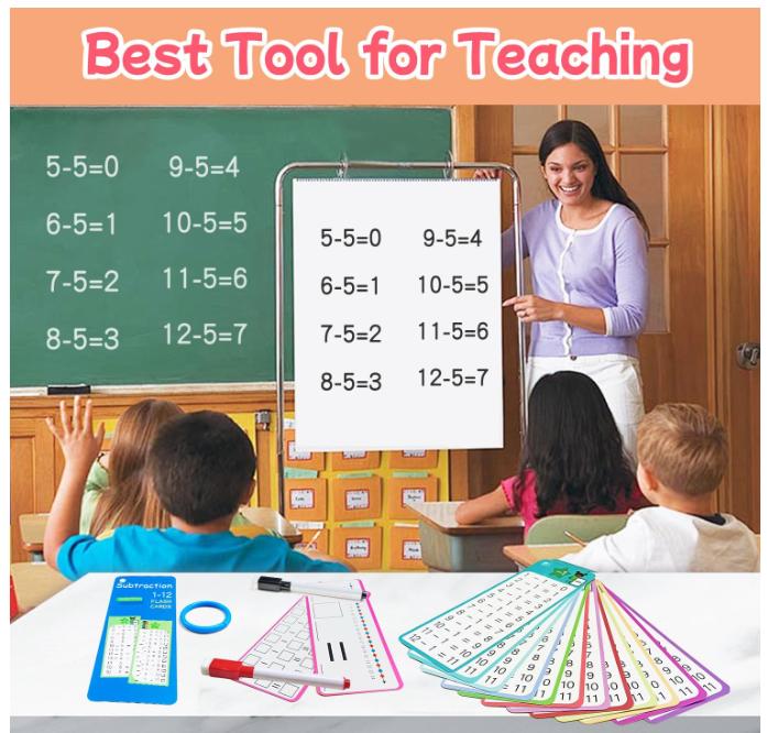 Subtraction Flash Cards 1-12, 15PCS Times Table Flash Cards Chart, with Dry Erase Markers Sorting Ring, 1st, 2nd, 3rd Grades Educational Math Subtraction Game for Kids Classroom Home