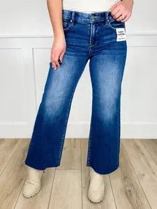 Risen Scout Tummy Control Mid-Rise Wide Leg Cropped Jeans - Dark Wash (Raw Hem, Non-Distressed)