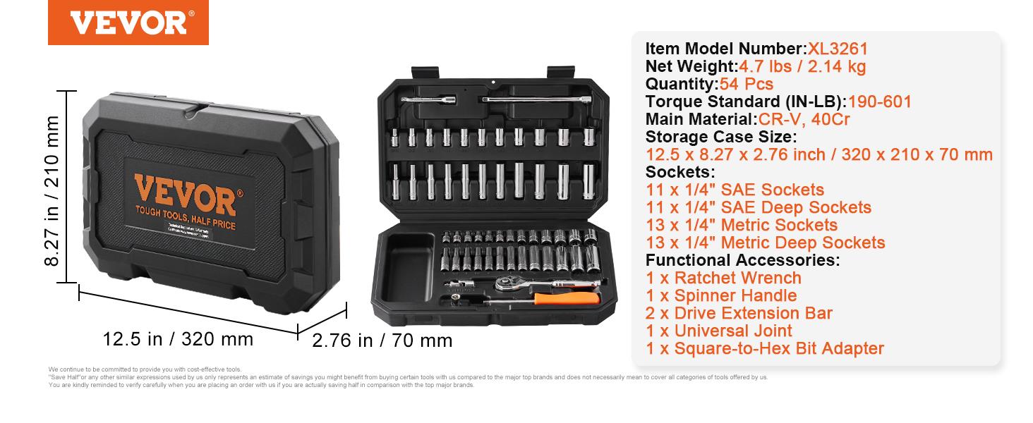 VEVOR Socket Set,  1/4 Inch Drive Socket and Ratchet Set, 6-Point Socket Opening, 54 Pieces Tool Set SAE and Metric, Deep and Standard Sockets, 5/32-9/16 in, 4-14 mm, with Accessories, Storage Case
