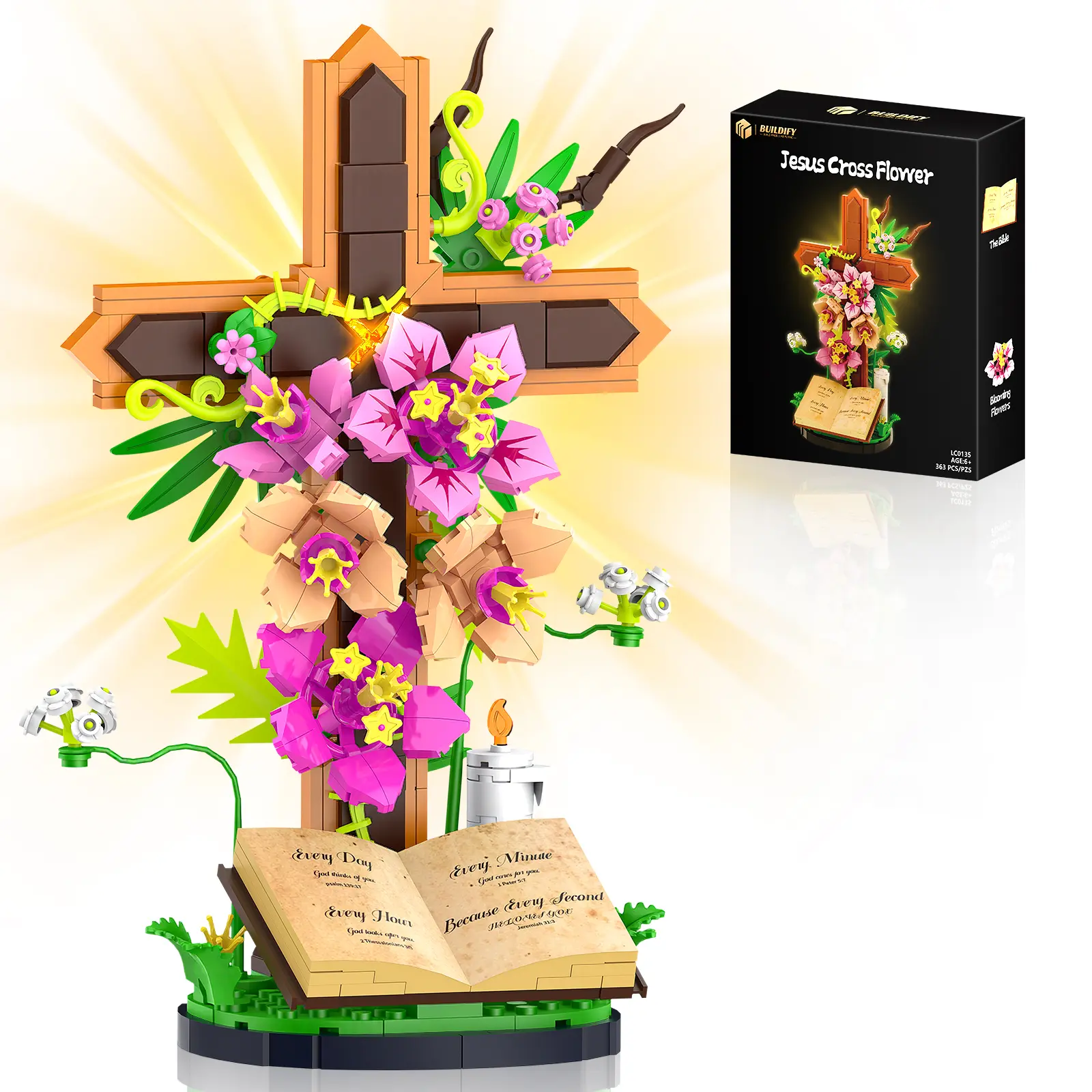 BUILDIFY Jesus Cross Flower Building Set 363 PCS Religious Collectibles with Kapok Flowers Dogwood Blossoms Olive Branches Symbolizing Faith Hope and Peace for Christmas Christian Gifts
