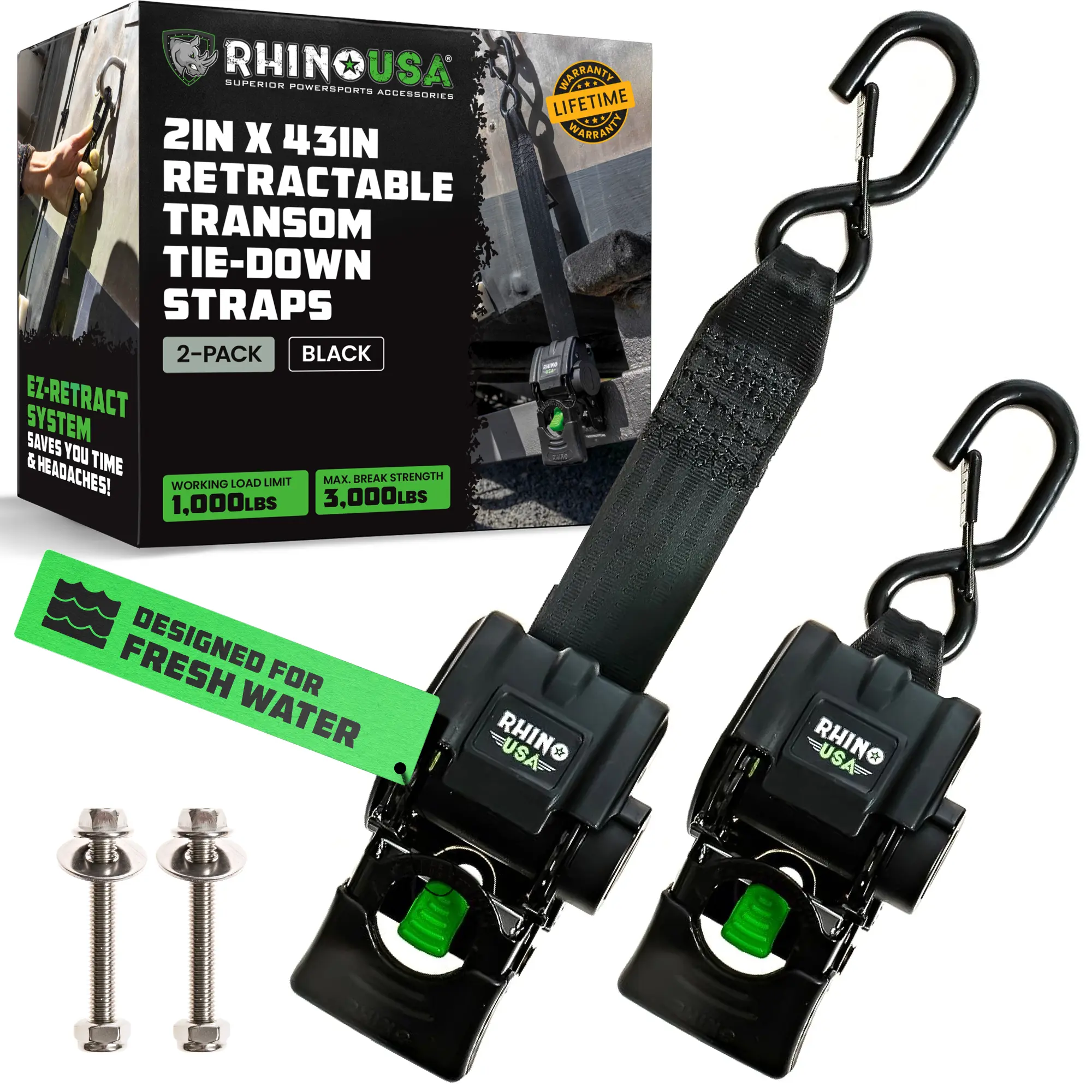 Rhino USA Retractable Boat Trailer Tie Down Straps 2PK – Durable (2in x 43in) Trailer Mount Transom Straps for Boat, Jet Ski – Stainless Steel – Salt Water Compatible