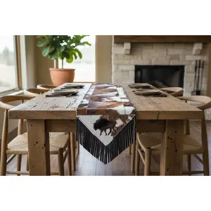 Cowhide Table Runners with Fringes - Tricolor Bison Design