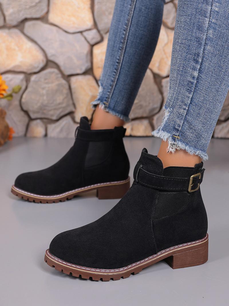 Women's buckle thick low heel anti slip thick sole fashionable ankle boots - round headed solid color short boots, suitable for winter and autumn, casual and formal wear