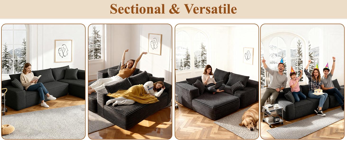 【2Package Delivery】AVENIX Boneless Sectional Couch - Modular Cloud Sofa for Living Room, Soft Corduroy Sofa with Deep Seat & Throw Pillows, Cloud Sectional Couches for small space couch, Sofas Para Sala - No Assembly Required Sofa Bed Couch.