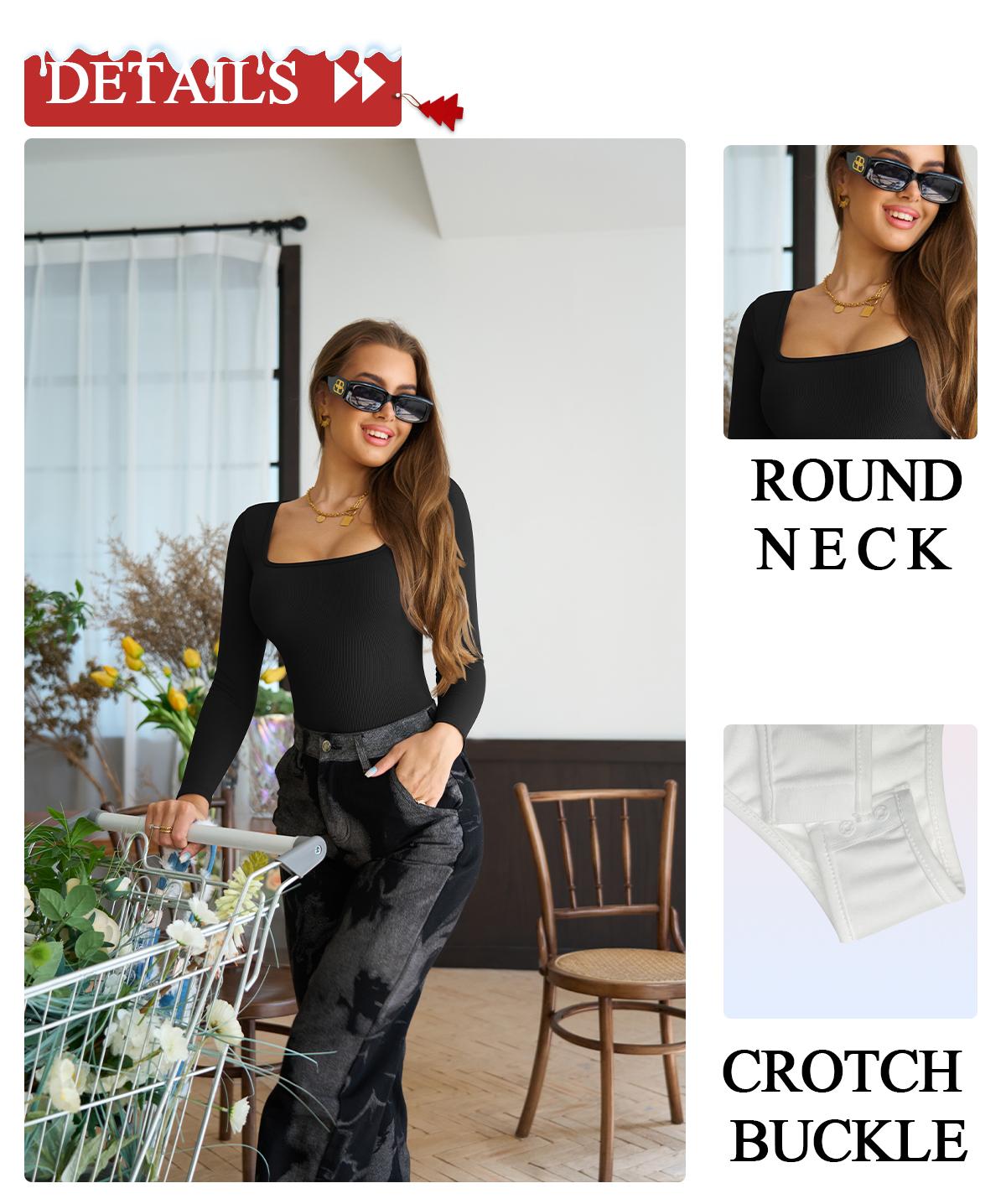 OYS Women's 2 Piece Square Neck Long Sleeve Ribbed Shirts Leotard Bodysuit Tops Womenswear Basic Fitted Underwear Lady