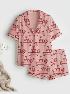 Women's Dachshund Pajama Set Martini And Weenies Print Sleepwear Short Sleeve Satin PJs Cute Dog Loungewear Funny Pajama Gift for Her Soft Premium Latin Satin Fabric - Womenswear