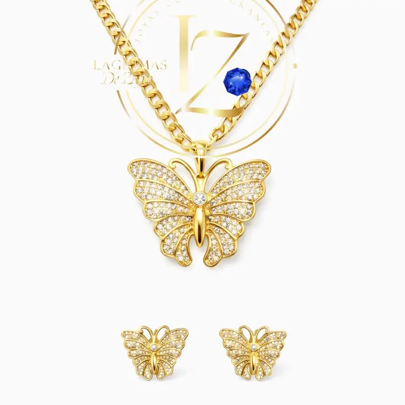 COD#2044 Cuban Chain with Butterfly Pendant and Erring Set - Elegant Design for Versatile Wear