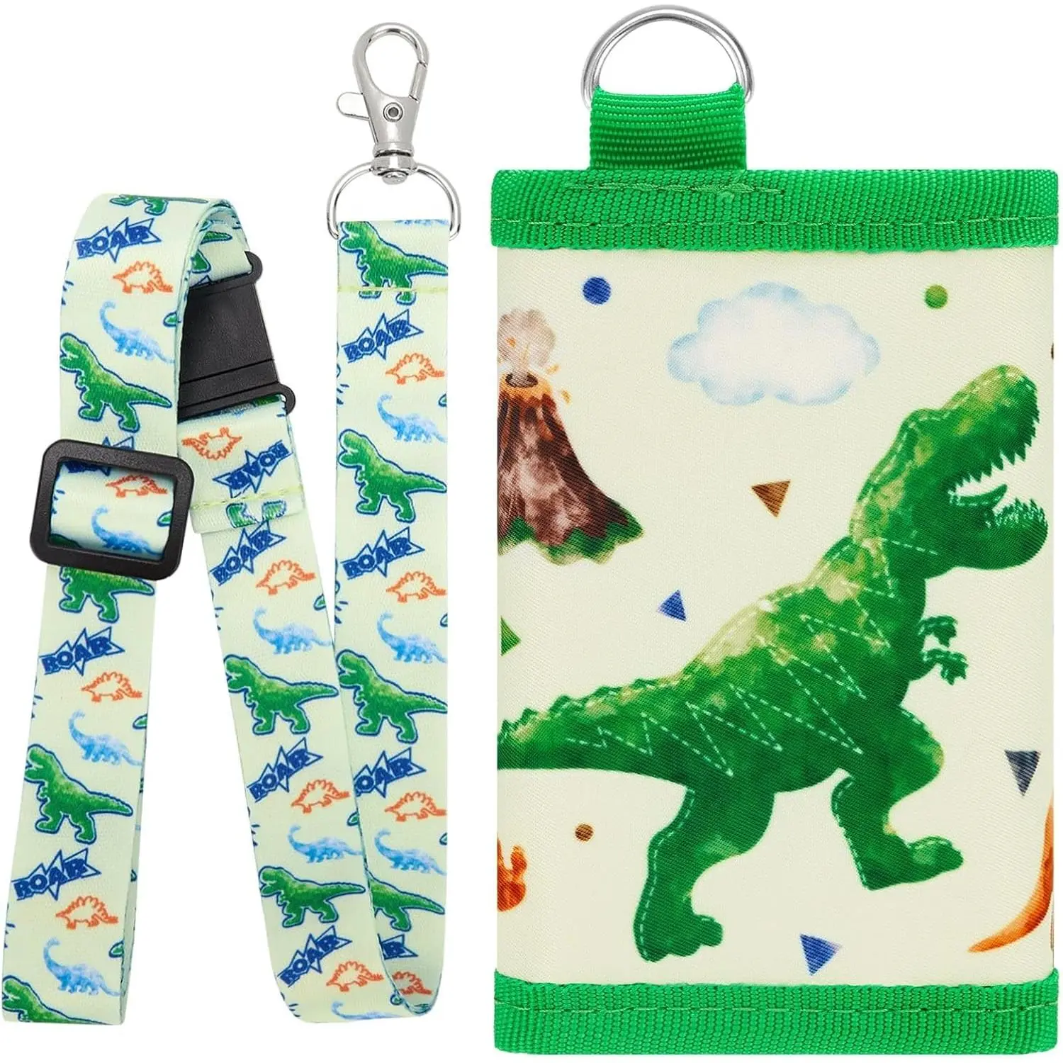 P-KWL01   Kids Wallet - Dinosaur Wallet for Boys Ages 4-12 Trifold Toddler Wallet with Lanyard Zippered Coin Pocket Card Holders Wallets Kids Purse Wallet Men Christmas Birthday Gift for Children