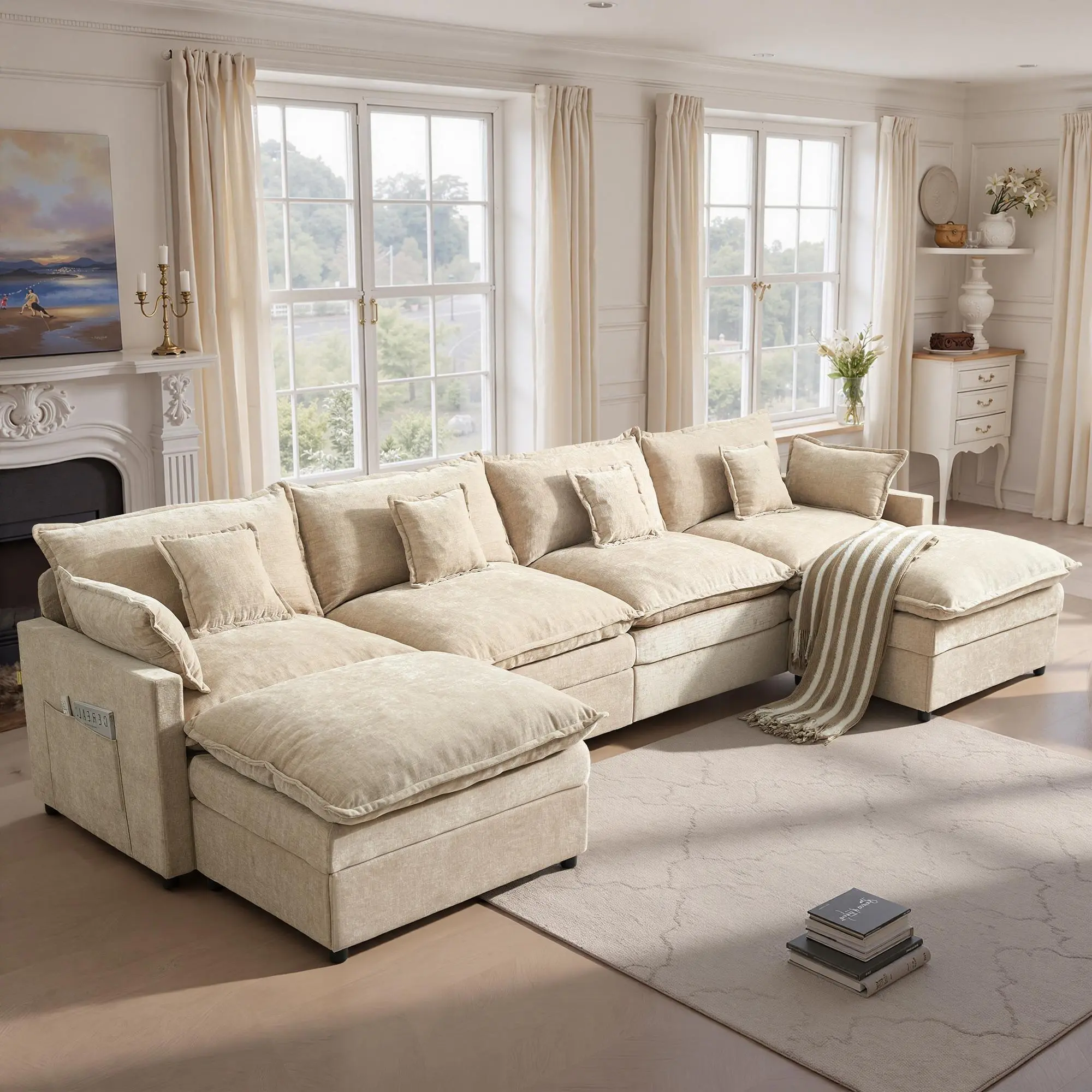【2/3 Packages Shipping】Ovios 143" U-Shaped Modular Sectional Sofa with 2 Ottomans, Comfy Chenille Cloud Couch, Deep Seat Sofa Bed with 5 Pillows for Living Room, Bedroom & Apartment