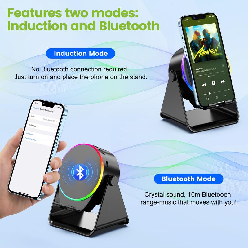 [valentinesdaygift] Dohelly 5 IN 1 Wireless Induction Audio Bluetooth Speaker, 360° Rotation Stand with LED, Universal Speaker Stands for Surround Sound&Charger,Portable Desktop Stand Gift for Home, Shower, Outdoors, Travel. Gifts for Men Women