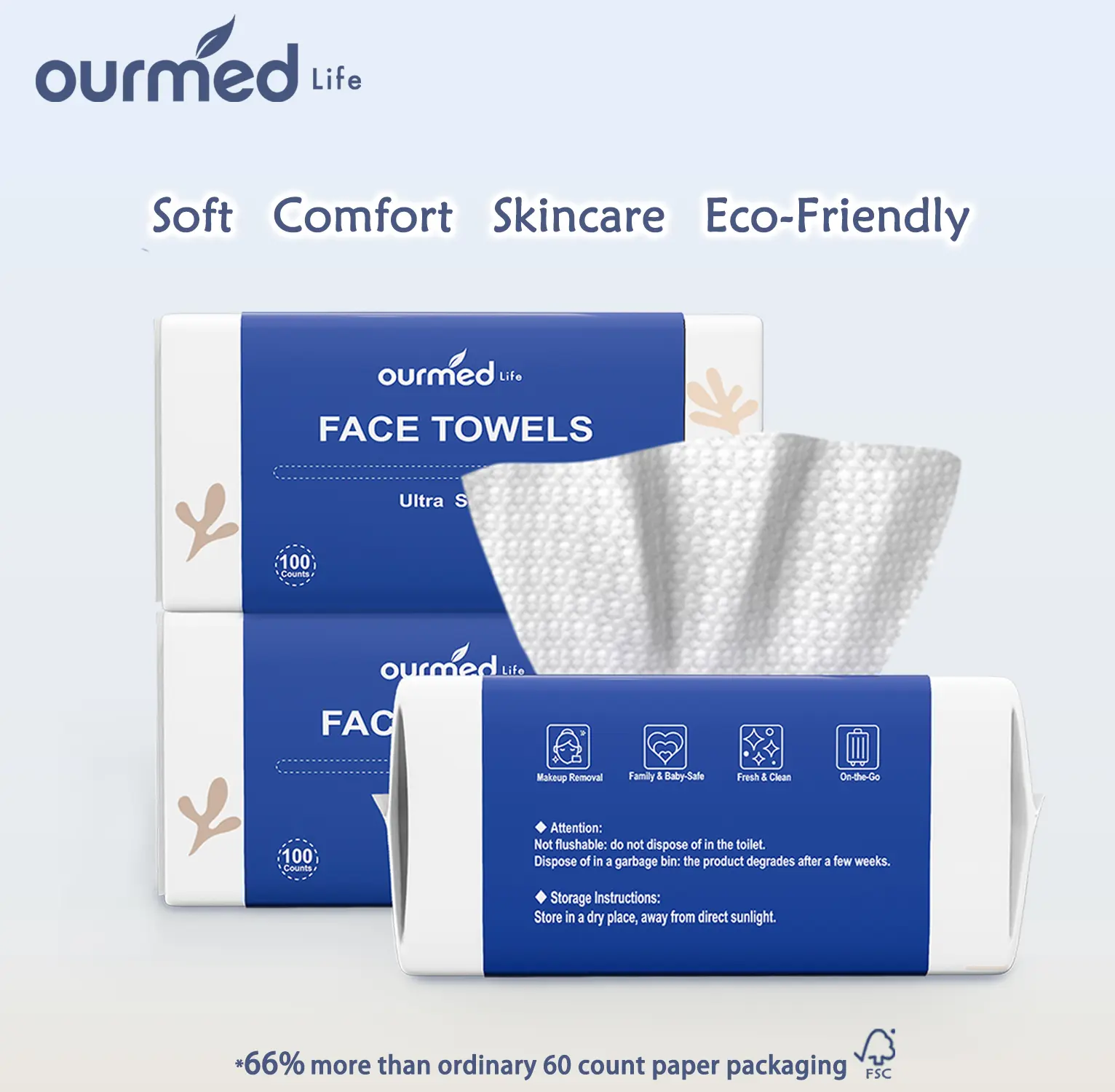 Ourmed Life Disposable Gentle Cleansing Face Towels - Biodegradable, Lint-Free Dot Texture Cleanser Wipes for Sensitive Skin, Makeup Remover, Dry/Wet Use, 100/300 Count Self Care Products