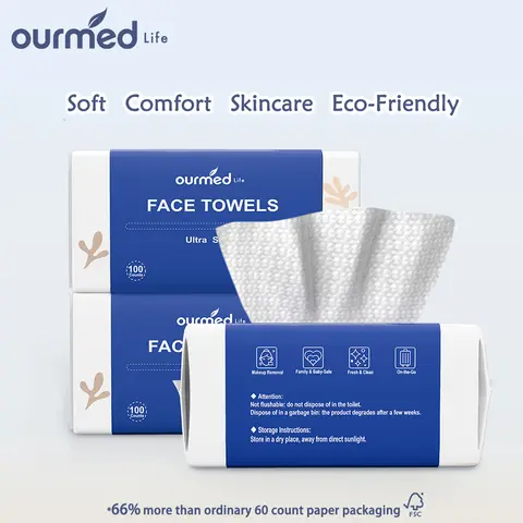 Ourmed Life Disposable Gentle Cleansing Face Towels - Biodegradable, Lint-Free Dot Texture Cleanser Wipes for Sensitive Skin, Makeup Remover, Dry/Wet Use, 100/300 Count Self Care Products,home essentials