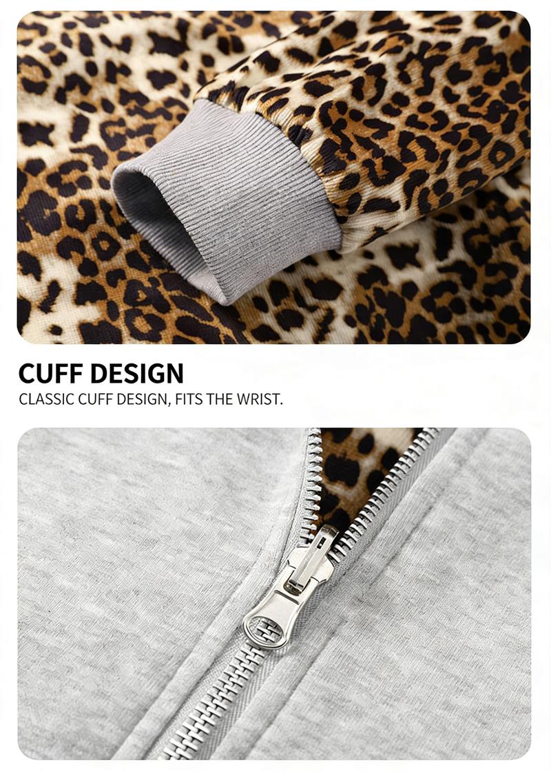 Men's loose casual trendy leopard print hoodie - comfortable breathable street style jacket; features ribbed cuffs and a zippered front closure, making it perfect for everyday commutes, weekend outings, and various other occasions. One of the essential ve