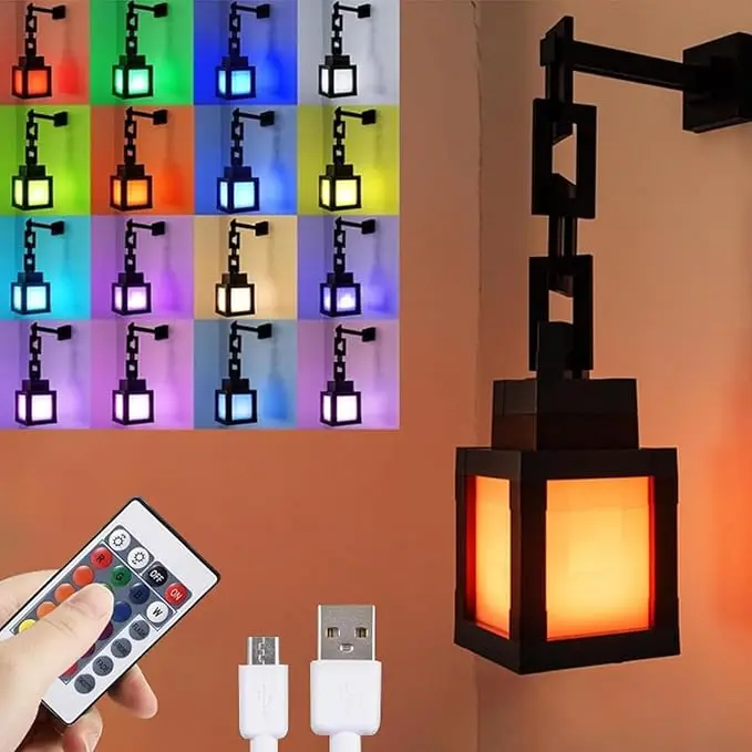 Pixel Soul Lantern - 3D Printed Handmade Gaming Light, Rechargeable RGB 16-Color LED Light with Remote, Wall-Mountable Easy-Assemble Room Decor, Ideal Chill Room Accessory & Teen Boy Gift for Minecraft Fans (Gaming Stuff),dorm decor,dorm room decor