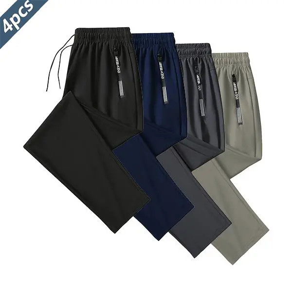 Men's 4-Piece Ice Silk Joggers with Zipper Pockets, High-Waisted & Quick Dry for Indoor & Outdoor Workouts - Sizes S, M, L