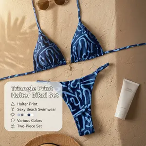 New women's two-piece triangle print halter neck bikini, available in various colors, sexy beach swimwear solid color nightdress bed wear bikini for big chest