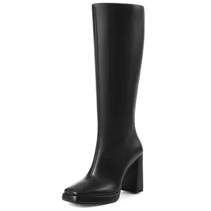 Women's Platform Square Toe Mid-Calf Block Heel Chunky Pull on Fashion Boots