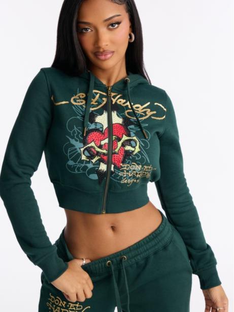 Ed Hardy Rhinestone Heart Fleece Zip Up Hoodie - Hunter Green