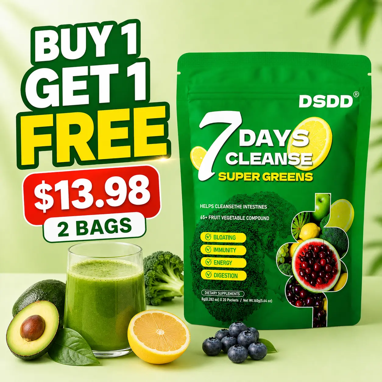 Buy 1 Get 1 Free DSDD 7 Days Gut Cleanse Super Greens Powder - 40+ Natural Ingredients, 4M Advanced Probiotic Digestive Health Powdered Supplement Drink Mix for Daily Gut Support, Overall Wellness
