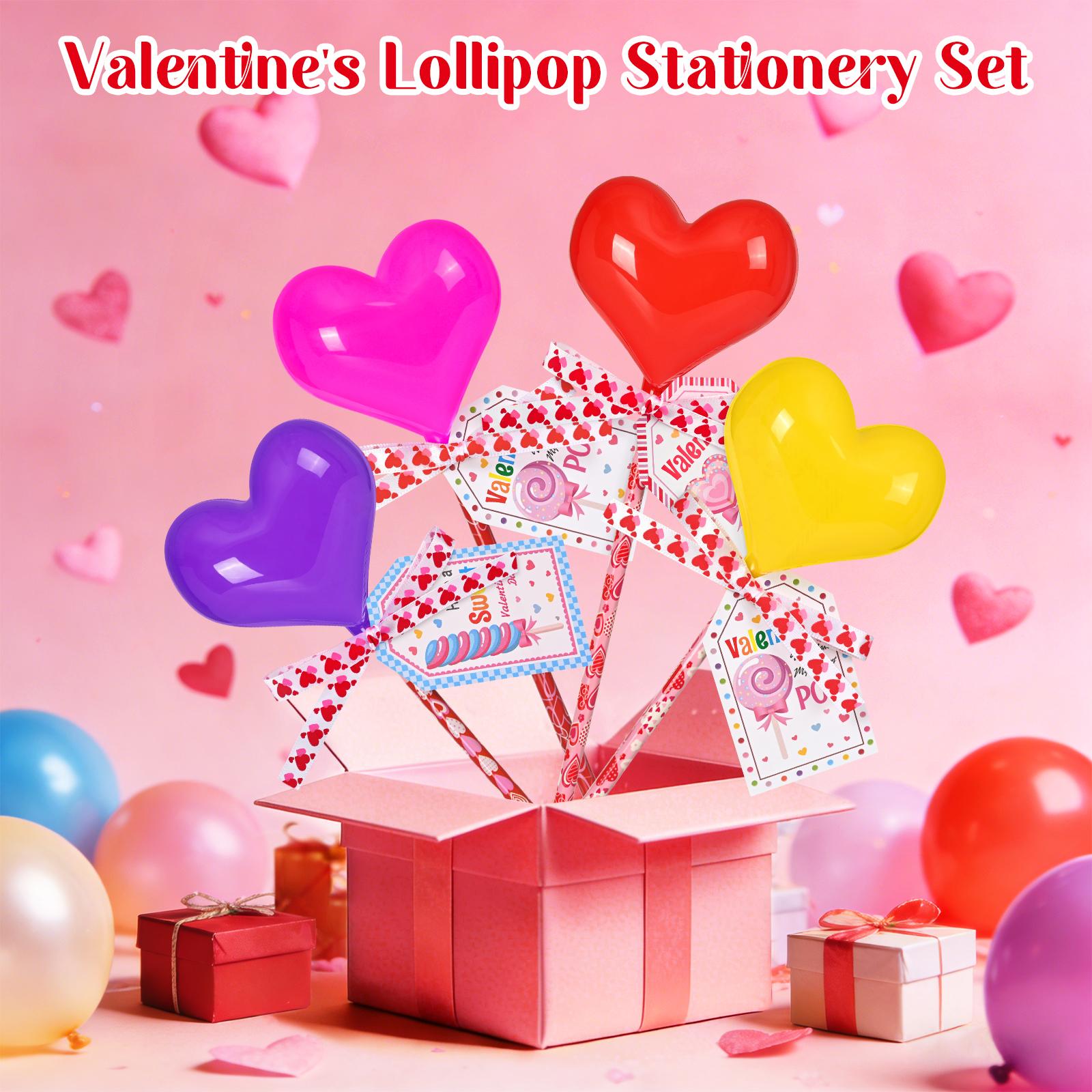 30 Pack Valentines Day Gifts for Kids - Glowing Heart Lollipop-Shaped Stationery Set with Valentine's Cards for School Classroom Class Party Favor Classroom School Exchange Birthday Party Gift