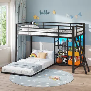 Hasuit  Bunk Bed Twin Over Twin Size with Large Toy Storage Organizer and 3 Bins L Shaped Bunk Beds with LED Lights