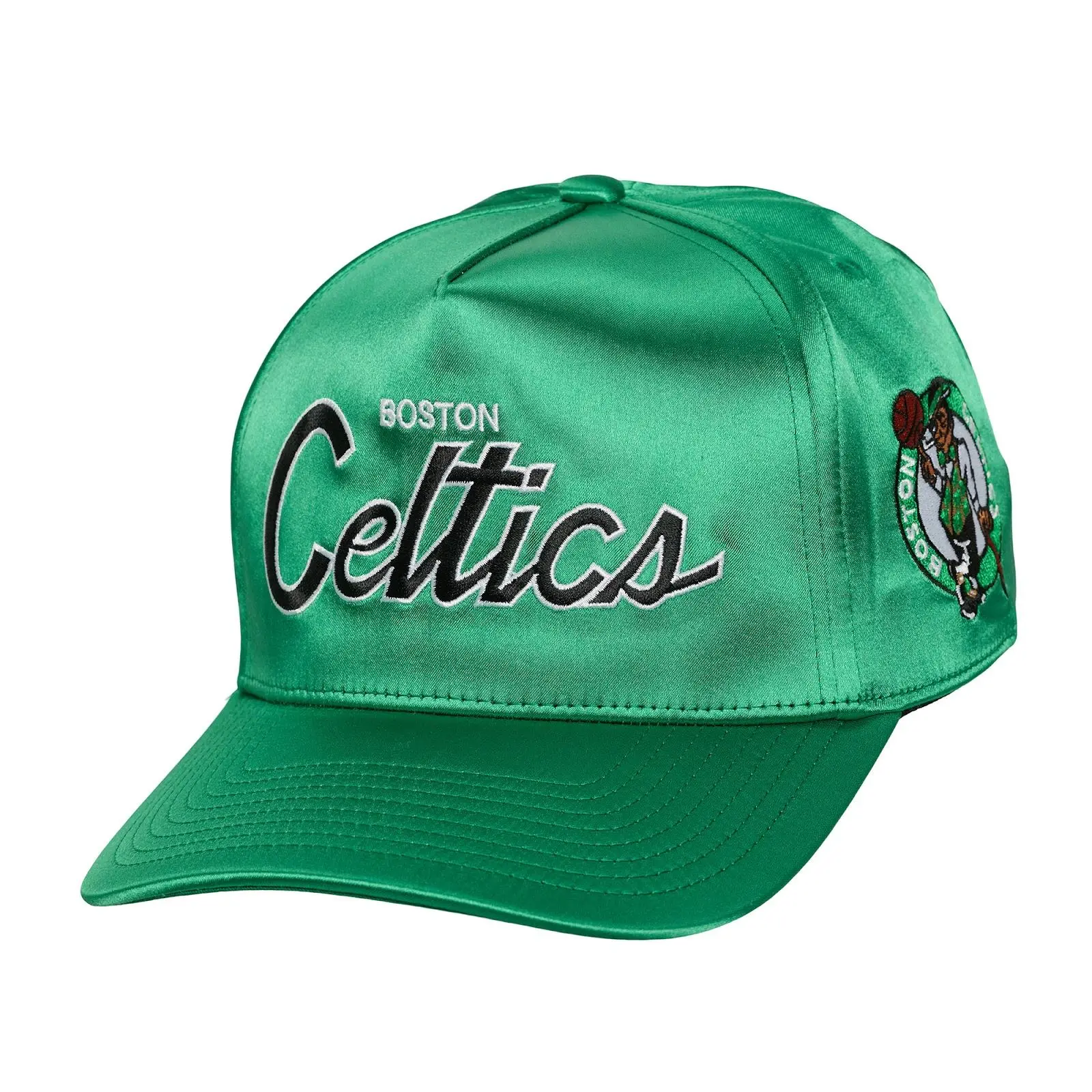 Mitchell & Ness Boston Celtics Kelly Green Satin Script Pro Pinch Snapback Hat, Casual Cotton Graphic Design, Machine Washable, Regular Fit