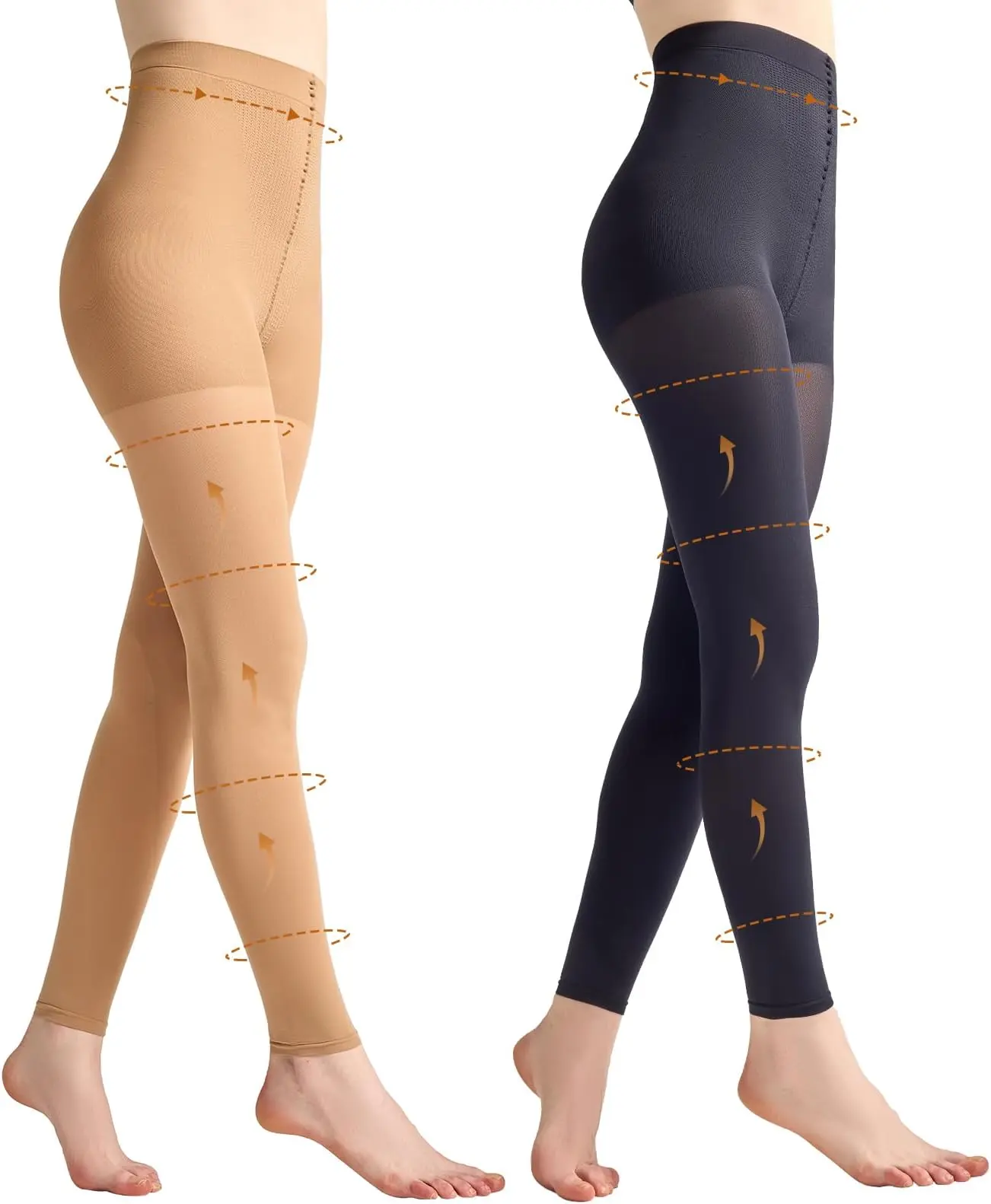 2 Pairs Footless Compression Tights for Women, 80D Opaque Light Support Leggings with 10-15mmHg Graduated Pressure and Control Top for Everyday Wear (1 Black + 1 Beige), Dress, 1Black+1Beige, Gentle Shaping Smooths Under Dresses, Opaque Matte, Opaque Fabr