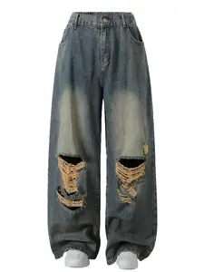 Plus Size High-Waisted Baggy Wide Leg Jeans with Distressed Ripped Details & Elastic Back Waistband for Curvy-Enhancing Streetwear Style - Womenswear