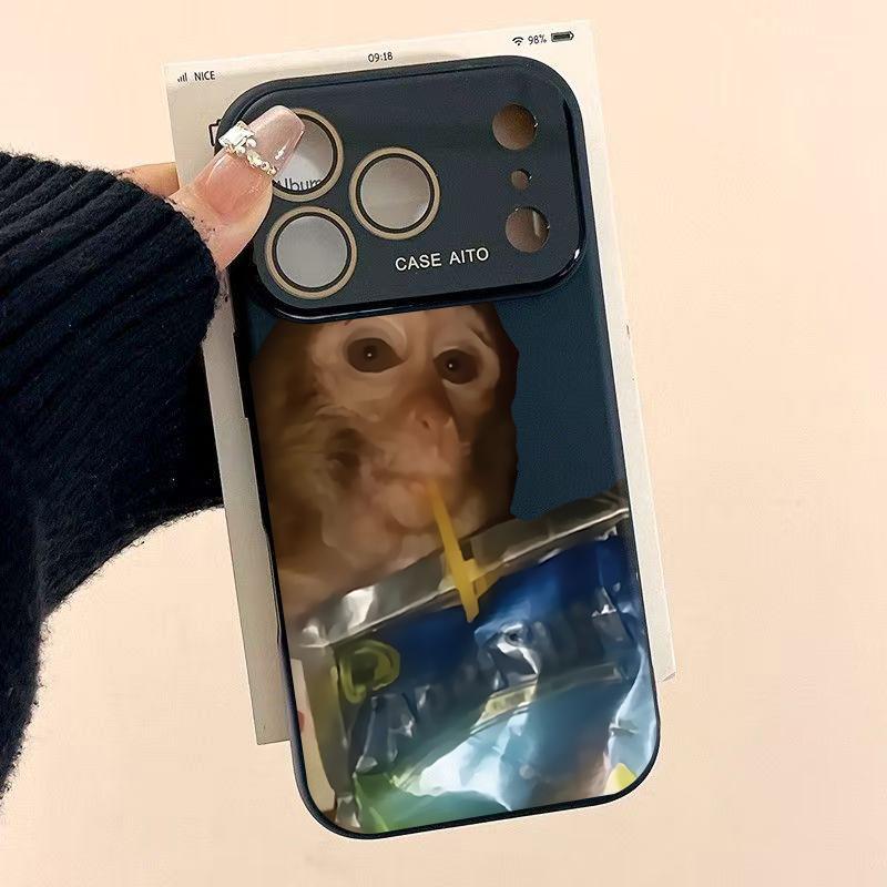 Funny Monkey Drinking Water Case for iPhone 17 Pro Max 17Air 17 16E 16 15 14 13 12, Ultra Skin-Friendly TPU, All-Inclusive Glass Lens Protection, Aesthetic Creative Animal Gift, Dopamine Ins Style Fun Cover, Shockproof Slim Case, Lens Window Design