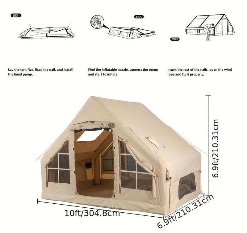 Portable Waterproof Pop-Up Tent 4 Season Oxford Log Cabin Inflatable Camping Tent with Hand Pump Waterproof Windproof for Outdoor Adventure