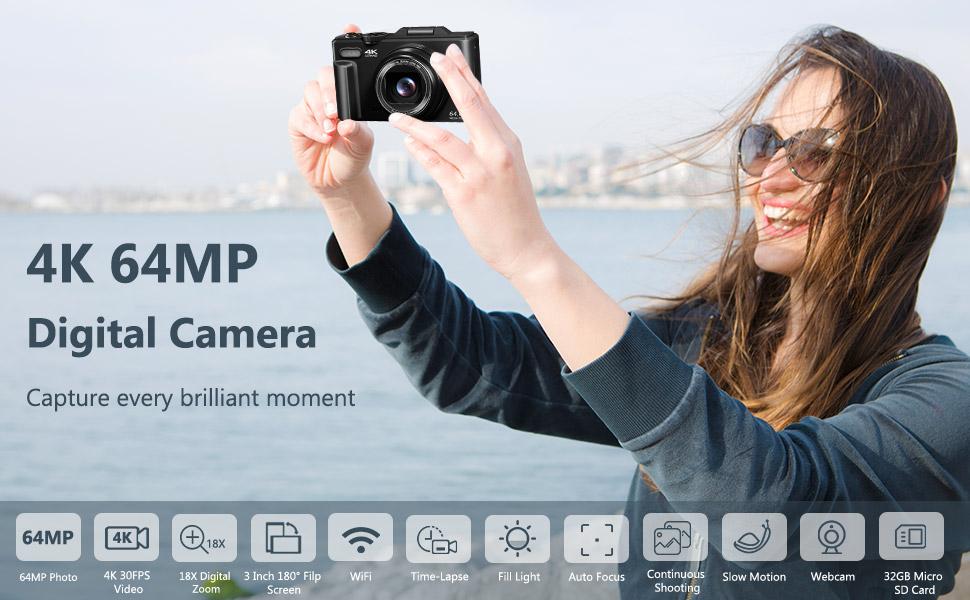 4K Digital Camera for Photography with 64MP, 3 Inch 180° Flip Screen, 18X Digital Zoom, 32GB Micro SD Card, 2 Batteries, Ideal for Gift