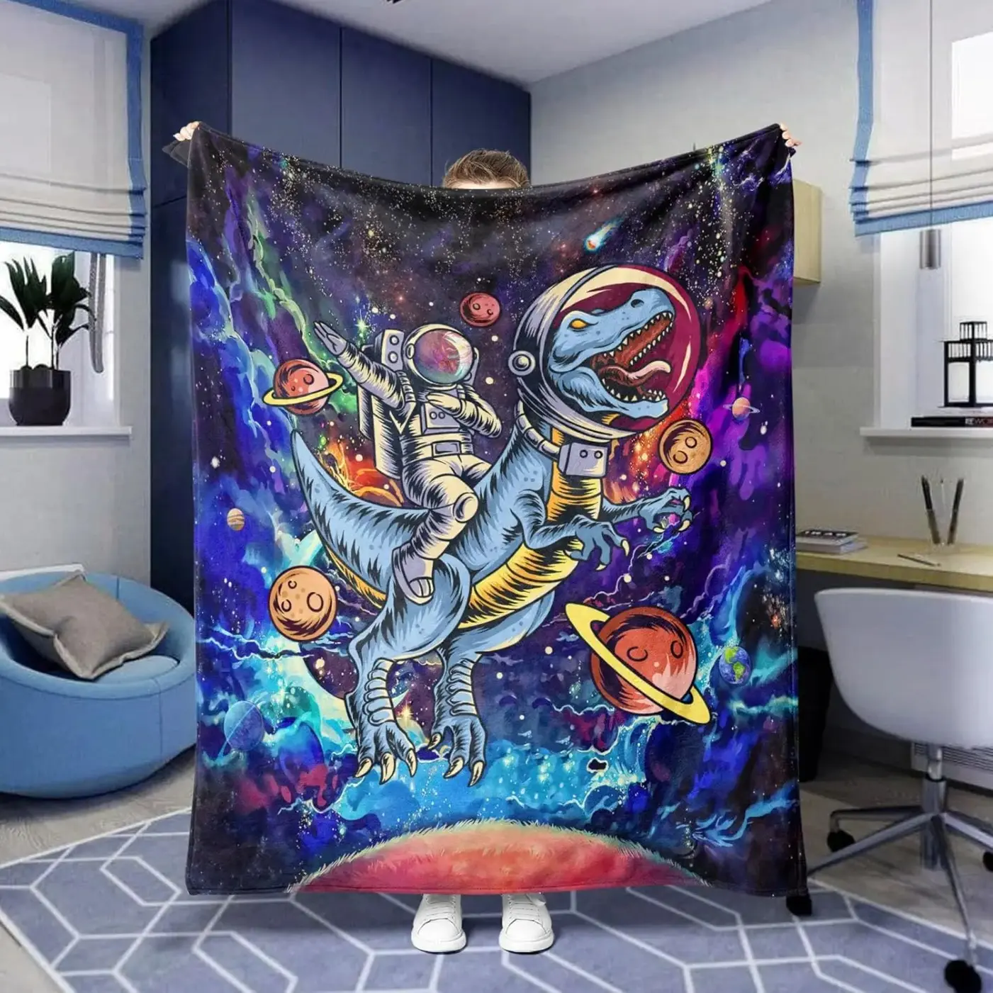 Funny Space Astronaut Dinosaur Throw Blanket, Trippy Galaxy Universe Planets Cool Cozy Nap Blankets Gift for Teens Boys  Warm Haven Textiles
