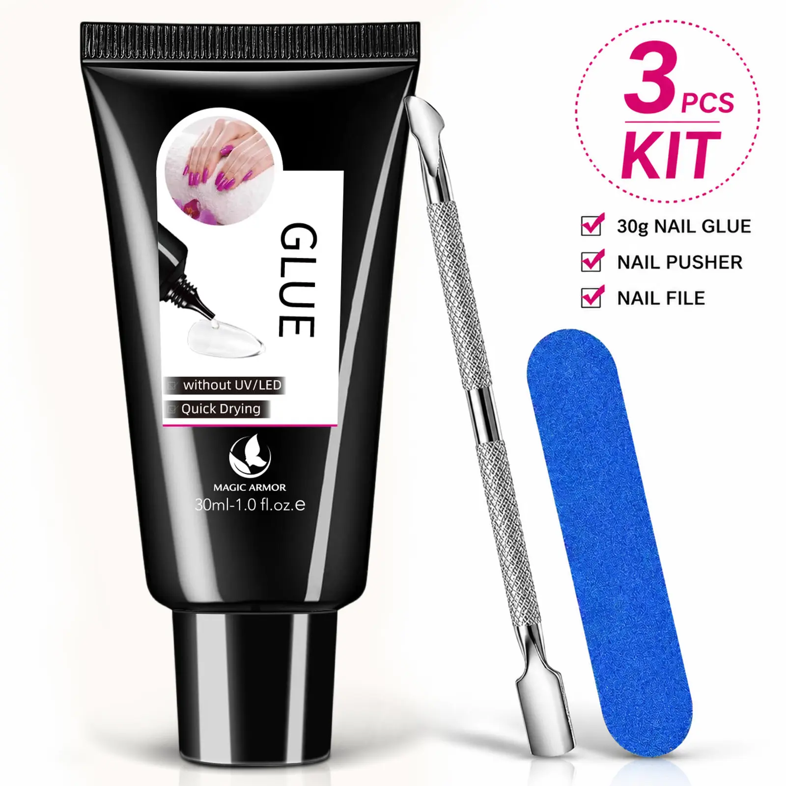 Newly Upgraded 30ml Quick-Drying Semi-Solid Nail Glue – Long-Lasting Adhesive Gel for Press-On Nails, Acrylic Tips, and Salon-Quality Nail Kits – Easy Application, No UV Lamp Needed for Home or Salon Use,Cuticle Pusher & Nail File Included-MAGIC ARMOR