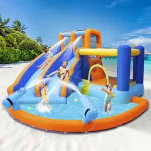 Inflatable Water Slide Bounce House Giant Water Park Double Slide Bouncer Castle w Splash Pool Jump Area Climbing Wall 550W Air Blower for Kids Backyard Indoor Outdoor Use Free Water Gun