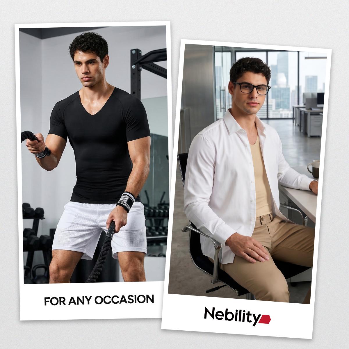 Nebility Mens Invisible Shaping Compression T-Shirt – V-Neck, Quick-Dry, Stretchy Short Sleeve with a Slim-Fit, Smooth Look Under Any Outfit