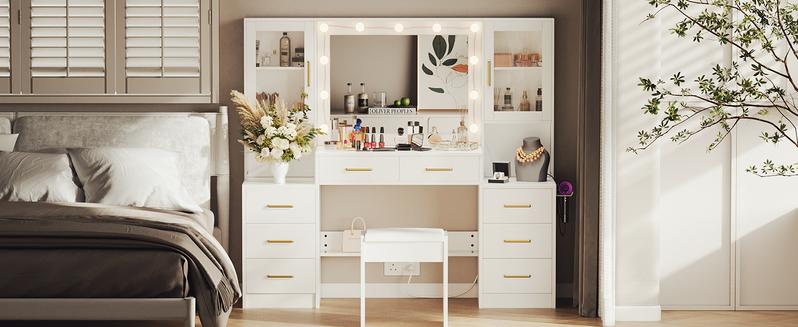 58.3”Vanity Desk with Mirror and Lights & Charging Station,Bedroom Dressing Table,Large Vanity Set,8 Drawers and 2 Cabinets,Makeup Vanity Table with Charging Station, Without Stool