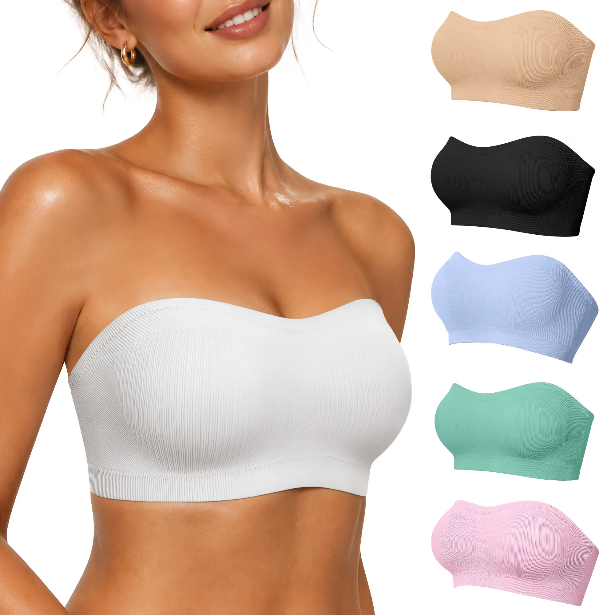 Vertvie Convertible Strapless Bra Stay Put Bandeau Non-Slip Silicone Padded Tube Top Bra Wireless Seamless Comfort Day