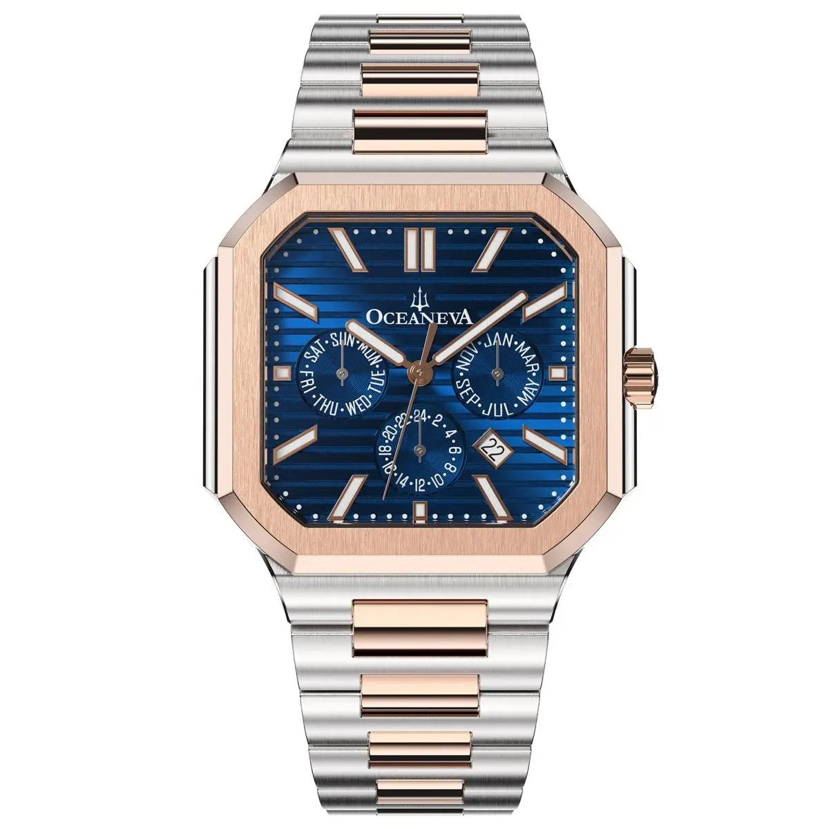 Oceaneva Tenuis Thin Japan Automatic Miyota 26 Jewel Calendar Watch - Blue Rose Gold Design