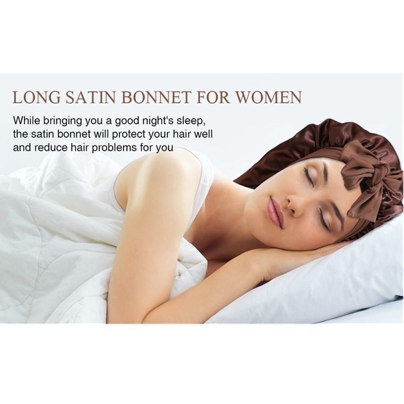 Solid Color Double-Layer Long Satin Bonnet Sleep Cap Adjustable Care Night Sleeping Cap for Women Braids Curly Hair Wrap with Tie Band for Daily Use