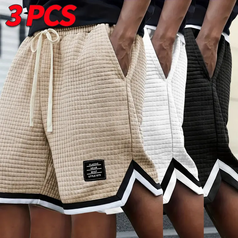 Men’s 3-pack loose casual shorts—summer essentials with a waffle texture, side slits, and color-block design; campus street style; suitable for running, basketball, cycling, and fitness workouts; a great gift for him. Chainsaw Menswear Tropical Streetwear