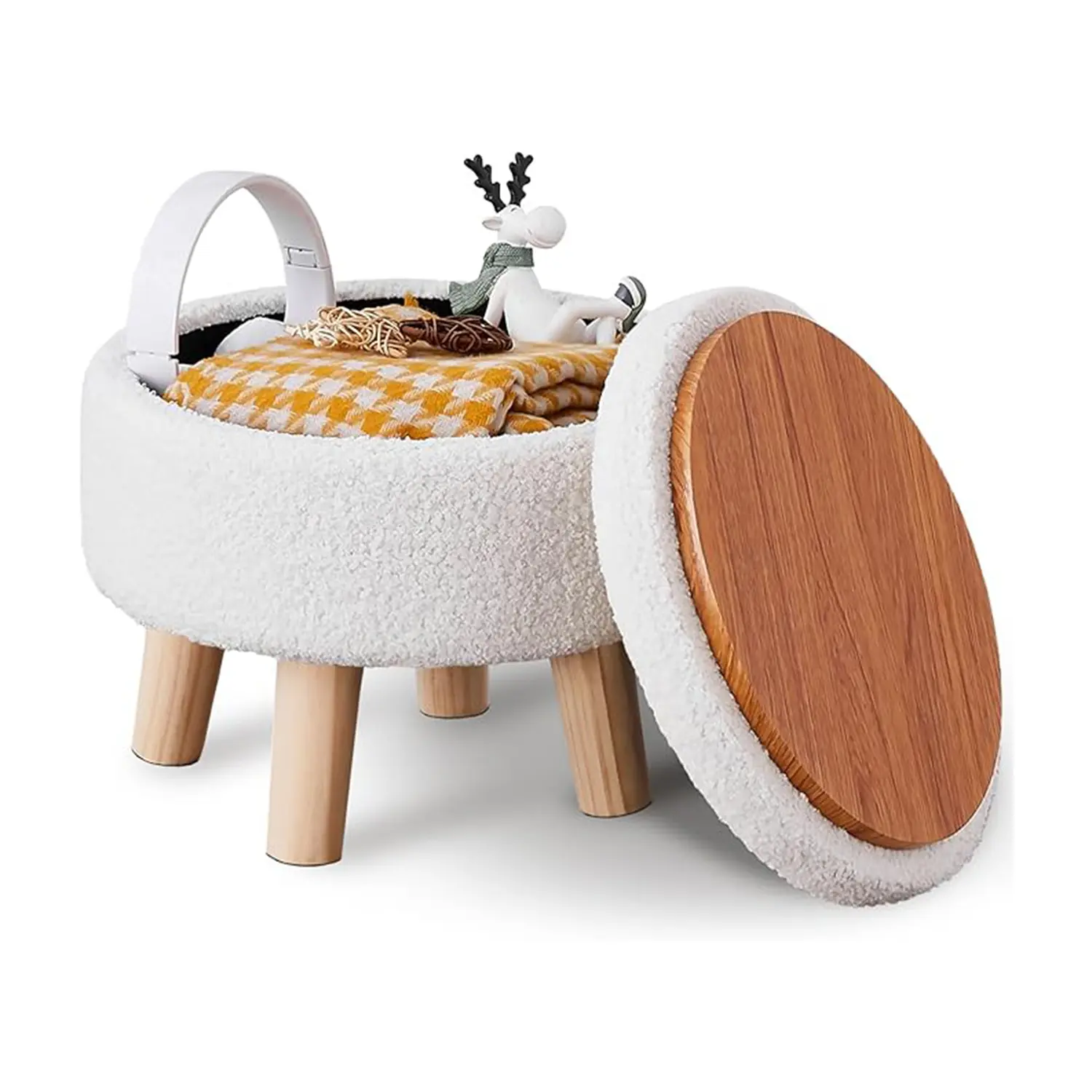Small Teddy Velvet Mini Storage Ottoman - Compact Space-Saving Footstool with Soft Padded Seat, Wood Legs, Modern Round Indoor Accent Furniture for Hallway, Living Room (Multi-Functional as Table or Plant Stand), Compact Space-Saving Footstools & Ottomans