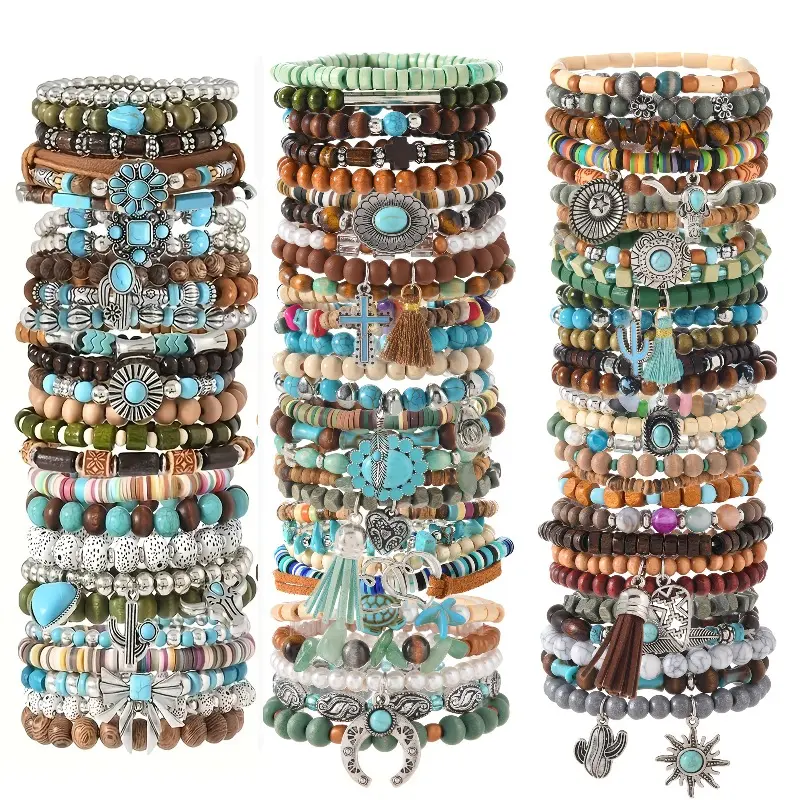 Exquisite Handmade Unisex 40pcs Mix Artisan Charm Bracelets & Bangles Set - Wooden-Turquoise Bead Accessories with Pendants, Assorted Mixed Bracelets & Bangles, Meaningful Gifts for Women, Daily Wear & Party Use