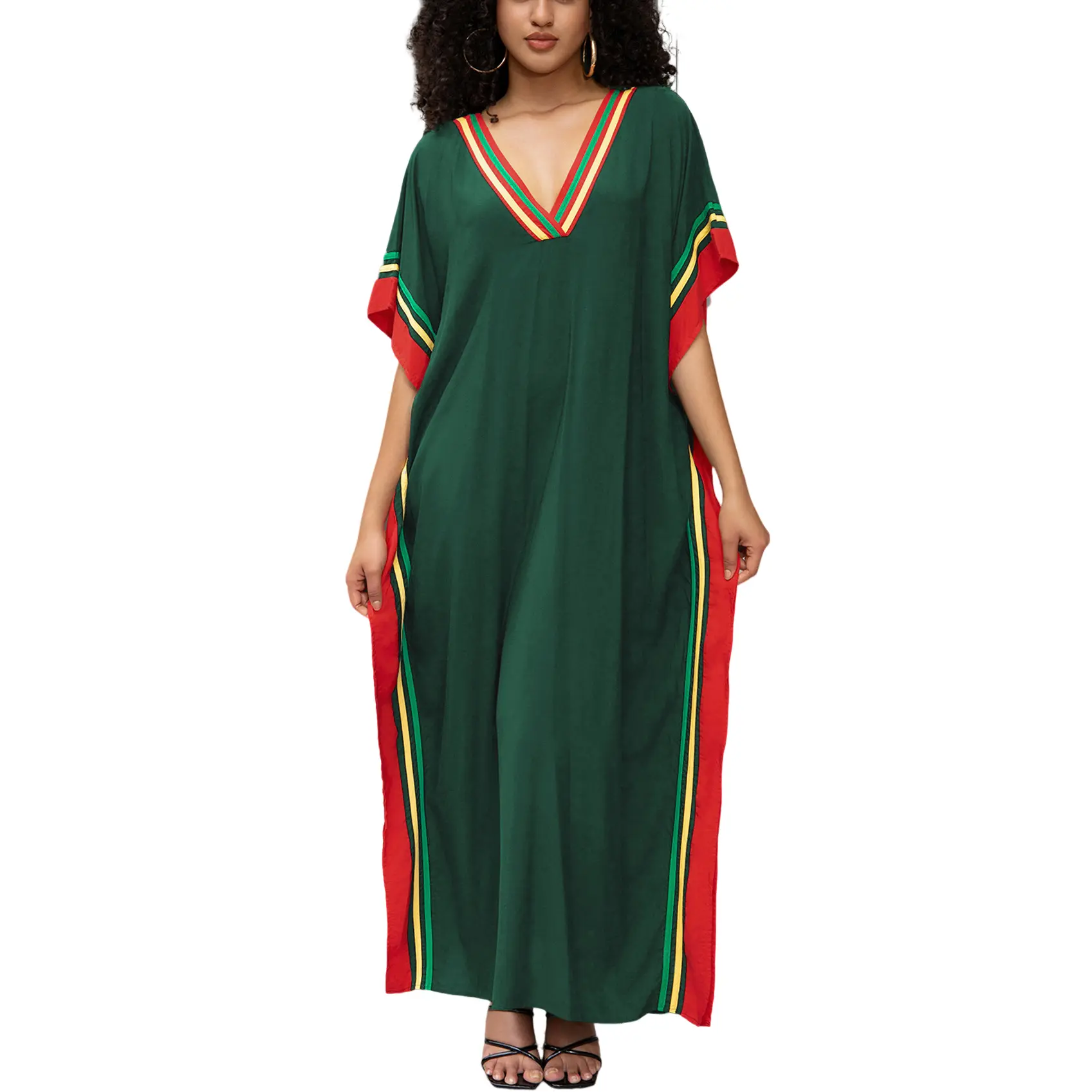 Plus Size Mumu Dresses for Women - Boho Batwing Sleeve Caftan with Side Slits, Long Moo Moo Nightgown & Beach Cover Up - Army Green
