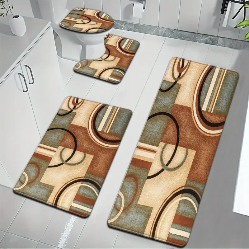 3/4Pcs Elegant Retro Geometric Bathroom Rug Set, Soft Flannel Absorbent Bath Mats with U-Shaped Toilet Mat & Lid Cover, Non-Slip Floor Mats for Mid-Century Bathroom Decor, Machine Washable